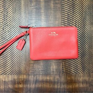 Coach Coral Red Pebbled Leather Wristlet with Gold Logo